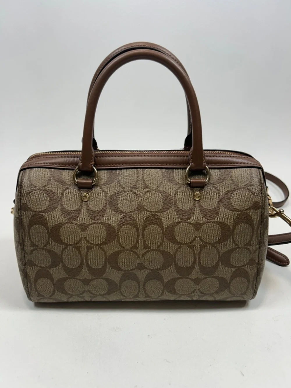 COACH Rowan Satchel in Khaki/Saddle Signature Coated Canvas Crossbody Strap